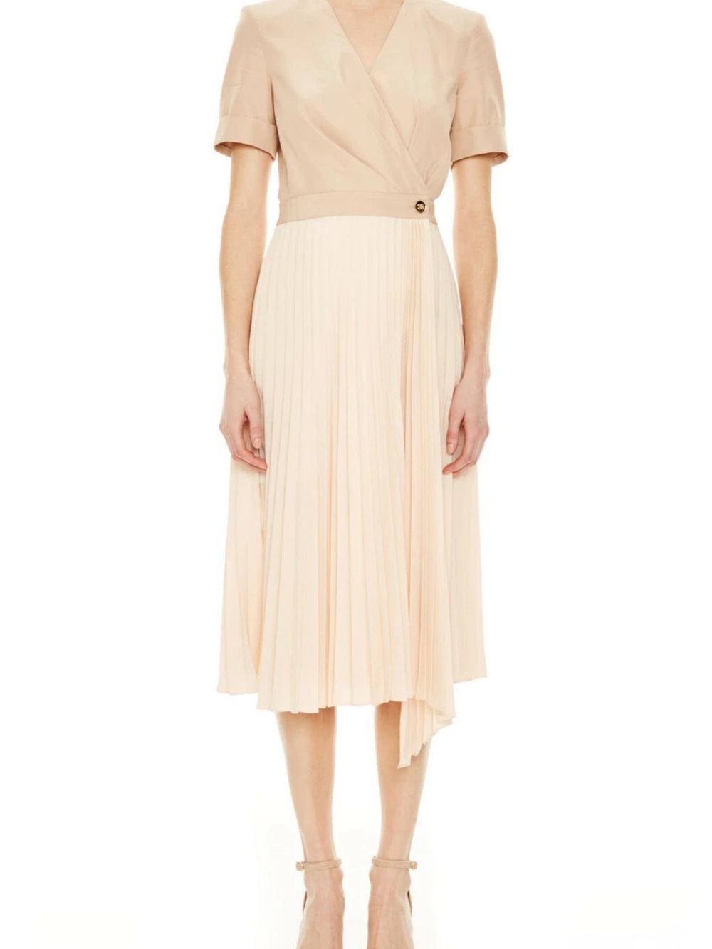 Sandro Blush Pleated V-Neck Midi Dress